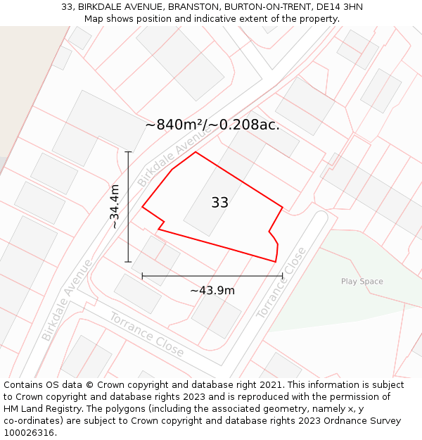 33, BIRKDALE AVENUE, BRANSTON, BURTON-ON-TRENT, DE14 3HN: Plot and title map