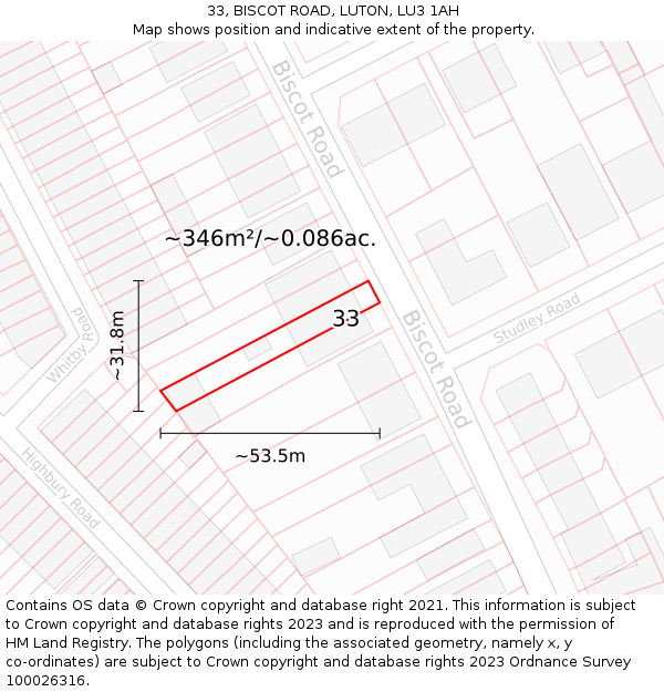 33, BISCOT ROAD, LUTON, LU3 1AH: Plot and title map