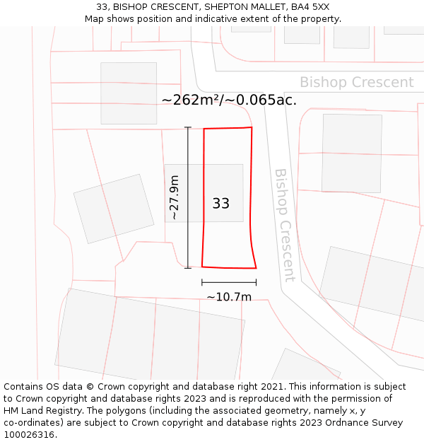 33, BISHOP CRESCENT, SHEPTON MALLET, BA4 5XX: Plot and title map