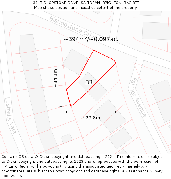 33, BISHOPSTONE DRIVE, SALTDEAN, BRIGHTON, BN2 8FF: Plot and title map