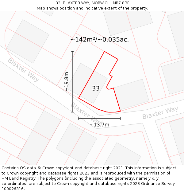 33, BLAXTER WAY, NORWICH, NR7 8BF: Plot and title map