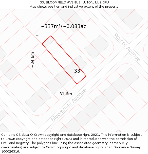 33, BLOOMFIELD AVENUE, LUTON, LU2 0PU: Plot and title map