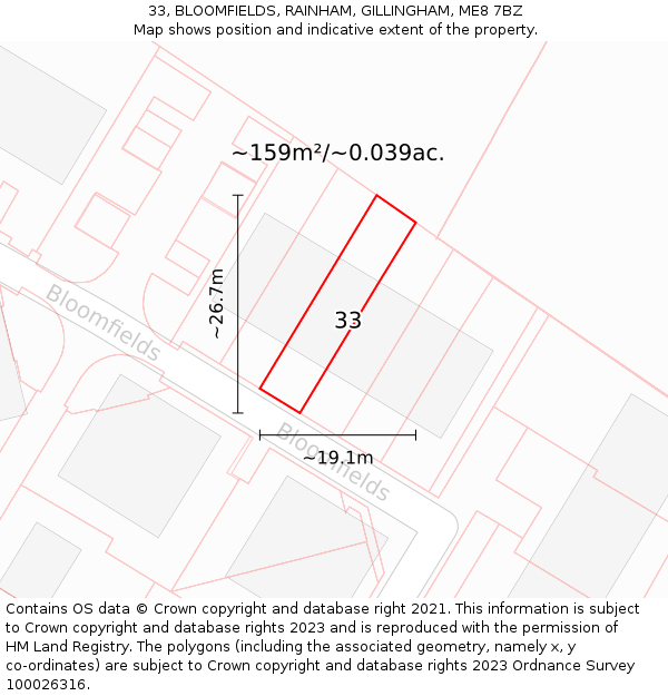 33, BLOOMFIELDS, RAINHAM, GILLINGHAM, ME8 7BZ: Plot and title map