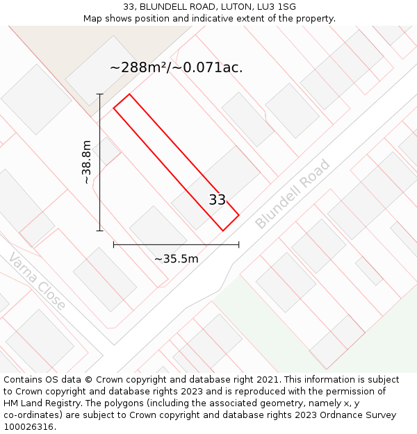 33, BLUNDELL ROAD, LUTON, LU3 1SG: Plot and title map