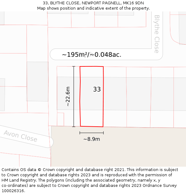 33, BLYTHE CLOSE, NEWPORT PAGNELL, MK16 9DN: Plot and title map