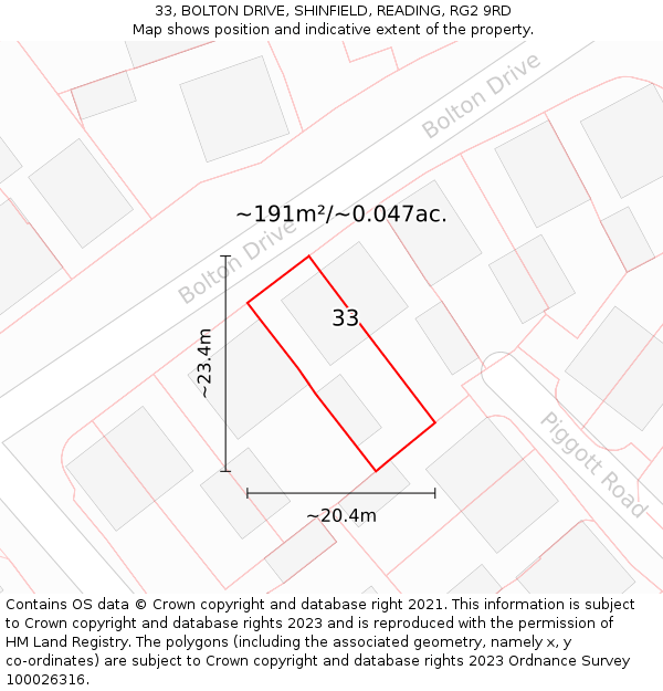 33, BOLTON DRIVE, SHINFIELD, READING, RG2 9RD: Plot and title map