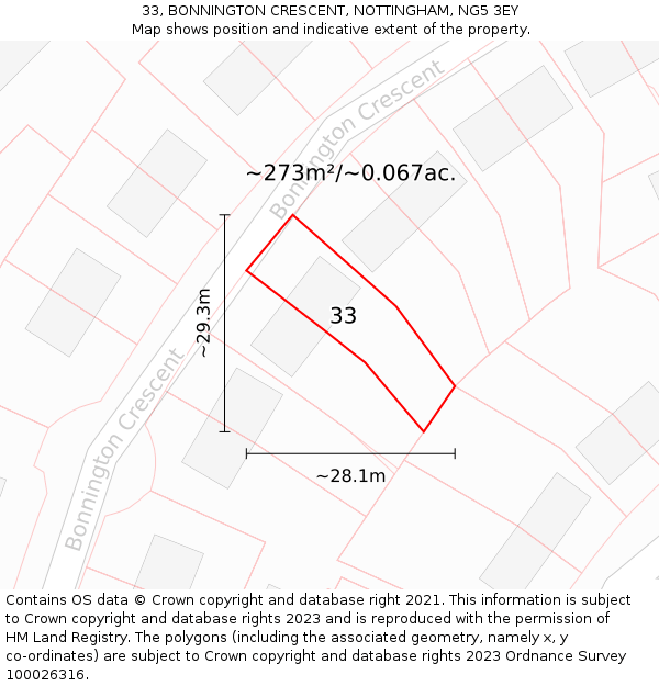 33, BONNINGTON CRESCENT, NOTTINGHAM, NG5 3EY: Plot and title map