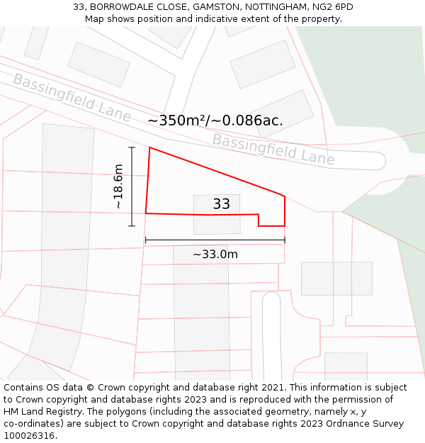 33, BORROWDALE CLOSE, GAMSTON, NOTTINGHAM, NG2 6PD: Plot and title map