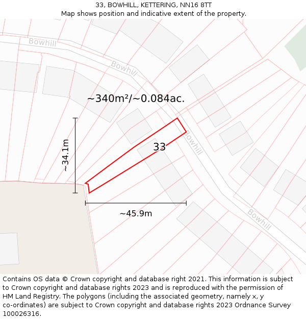 33, BOWHILL, KETTERING, NN16 8TT: Plot and title map
