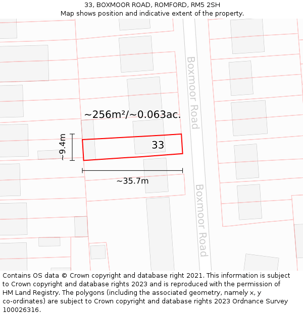 33, BOXMOOR ROAD, ROMFORD, RM5 2SH: Plot and title map