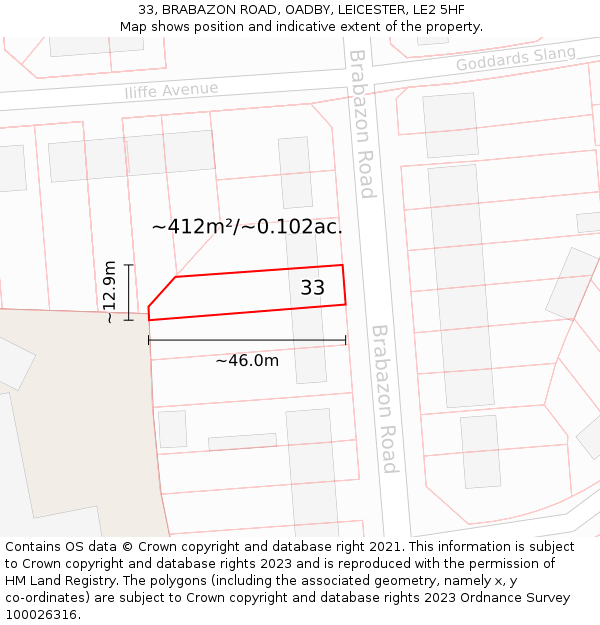 33, BRABAZON ROAD, OADBY, LEICESTER, LE2 5HF: Plot and title map