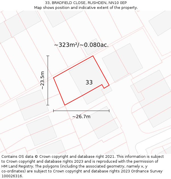 33, BRADFIELD CLOSE, RUSHDEN, NN10 0EP: Plot and title map