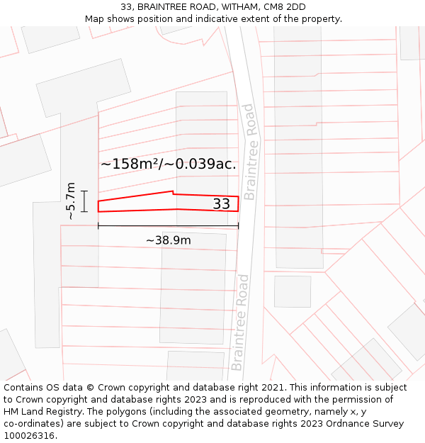 33, BRAINTREE ROAD, WITHAM, CM8 2DD: Plot and title map