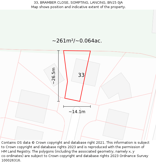 33, BRAMBER CLOSE, SOMPTING, LANCING, BN15 0JA: Plot and title map