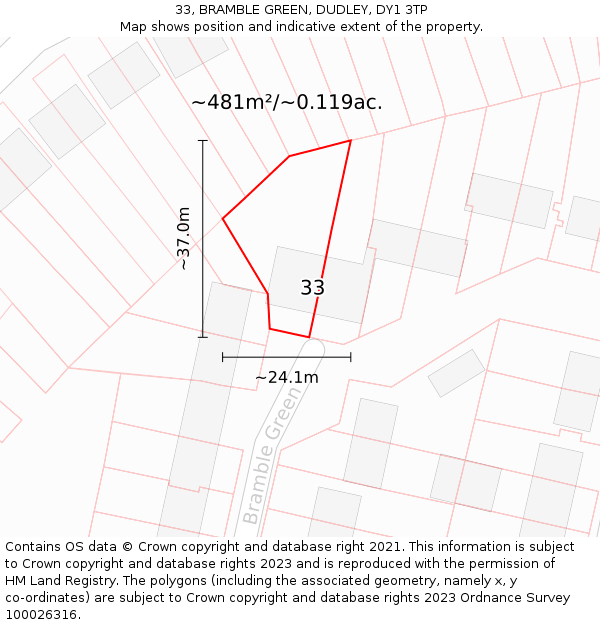 33, BRAMBLE GREEN, DUDLEY, DY1 3TP: Plot and title map
