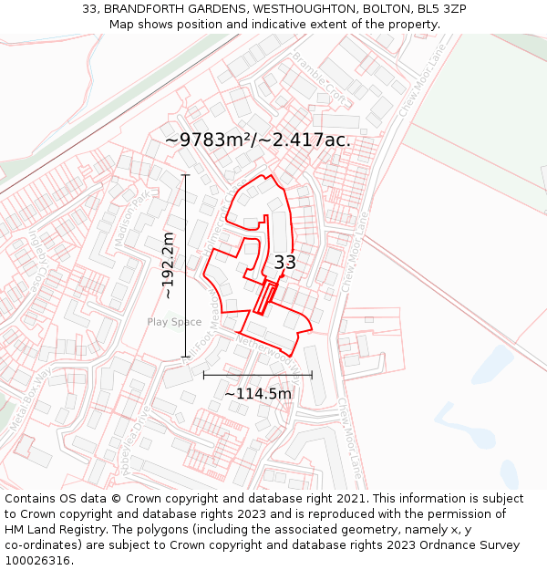 33, BRANDFORTH GARDENS, WESTHOUGHTON, BOLTON, BL5 3ZP: Plot and title map