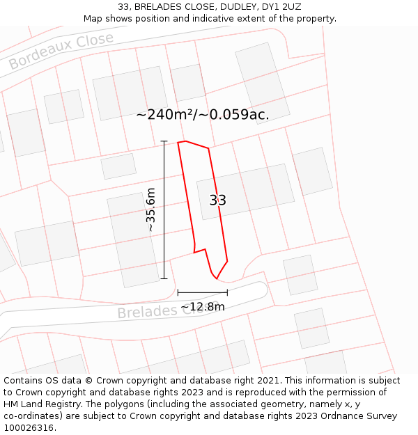 33, BRELADES CLOSE, DUDLEY, DY1 2UZ: Plot and title map