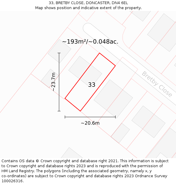 33, BRETBY CLOSE, DONCASTER, DN4 6EL: Plot and title map
