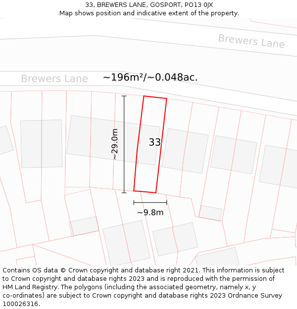 33, BREWERS LANE, GOSPORT, PO13 0JX: Plot and title map