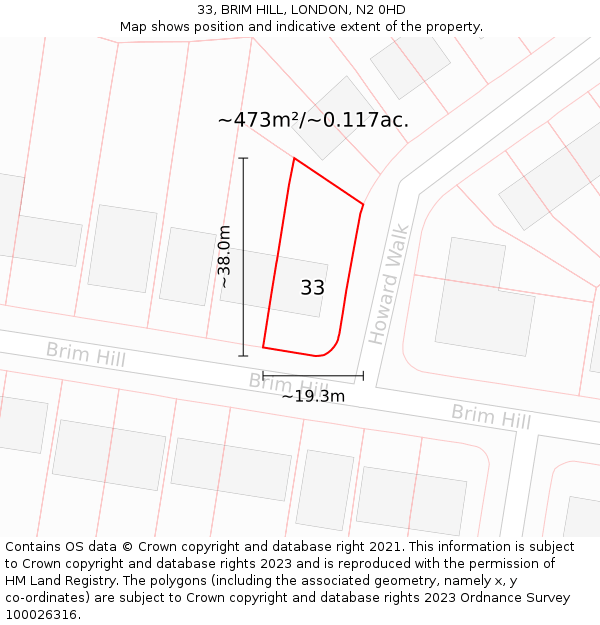 33, BRIM HILL, LONDON, N2 0HD: Plot and title map