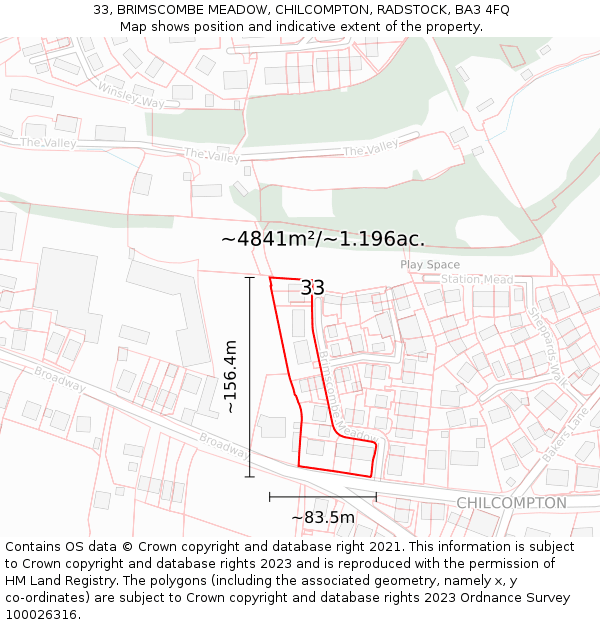 33, BRIMSCOMBE MEADOW, CHILCOMPTON, RADSTOCK, BA3 4FQ: Plot and title map