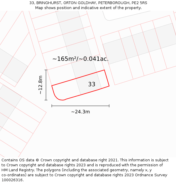 33, BRINGHURST, ORTON GOLDHAY, PETERBOROUGH, PE2 5RS: Plot and title map