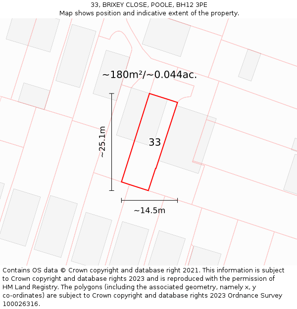 33, BRIXEY CLOSE, POOLE, BH12 3PE: Plot and title map