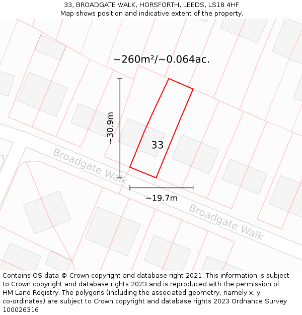 33, BROADGATE WALK, HORSFORTH, LEEDS, LS18 4HF: Plot and title map