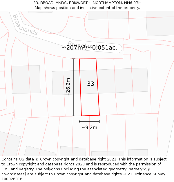 33, BROADLANDS, BRIXWORTH, NORTHAMPTON, NN6 9BH: Plot and title map