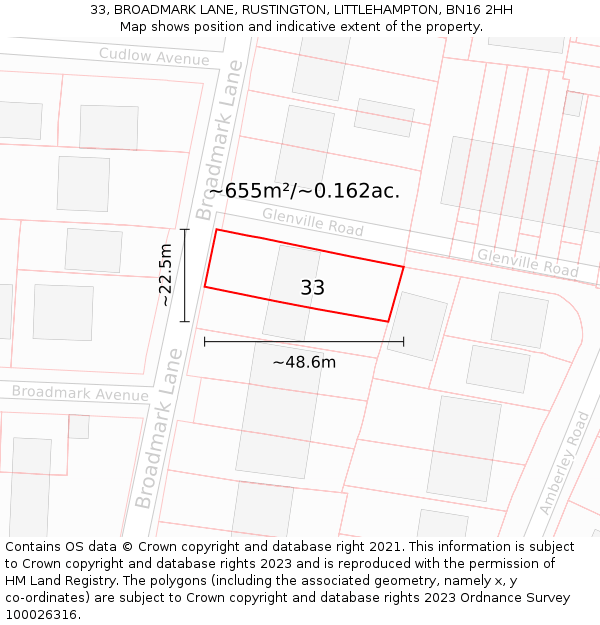 33, BROADMARK LANE, RUSTINGTON, LITTLEHAMPTON, BN16 2HH: Plot and title map