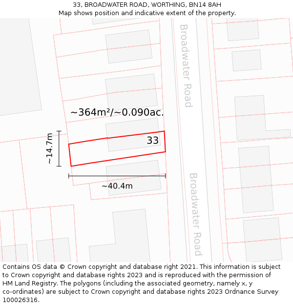 33, BROADWATER ROAD, WORTHING, BN14 8AH: Plot and title map