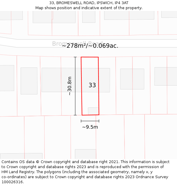 33, BROMESWELL ROAD, IPSWICH, IP4 3AT: Plot and title map