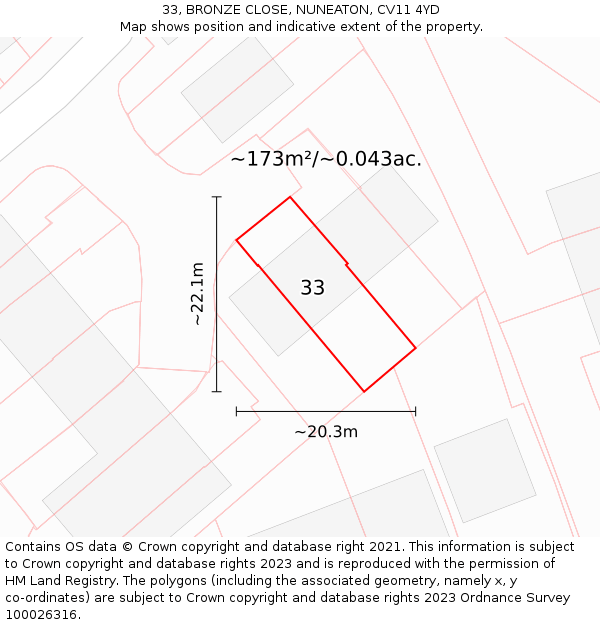 33, BRONZE CLOSE, NUNEATON, CV11 4YD: Plot and title map
