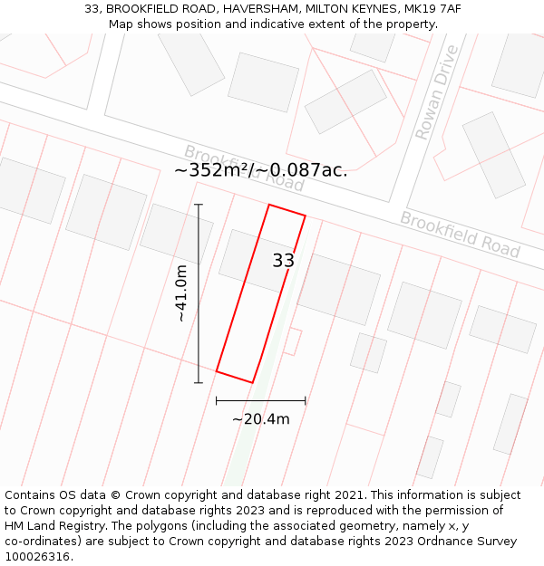 33, BROOKFIELD ROAD, HAVERSHAM, MILTON KEYNES, MK19 7AF: Plot and title map