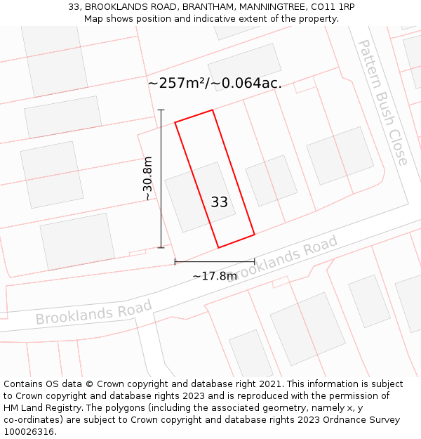 33, BROOKLANDS ROAD, BRANTHAM, MANNINGTREE, CO11 1RP: Plot and title map
