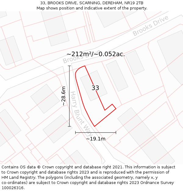 33, BROOKS DRIVE, SCARNING, DEREHAM, NR19 2TB: Plot and title map