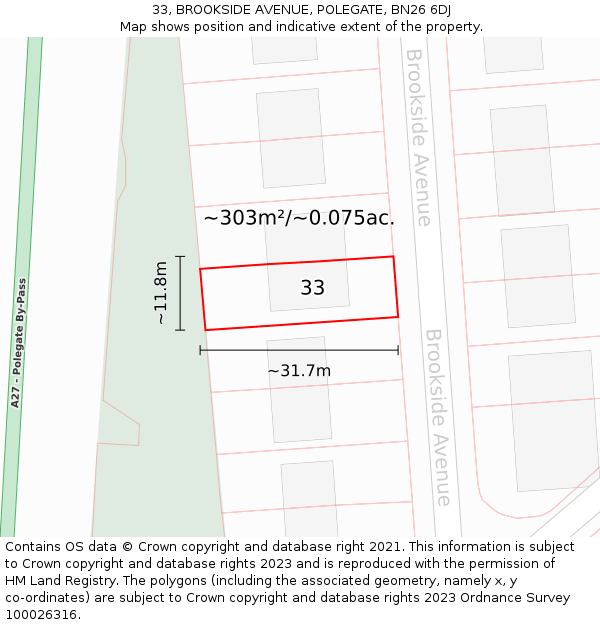 33, BROOKSIDE AVENUE, POLEGATE, BN26 6DJ: Plot and title map