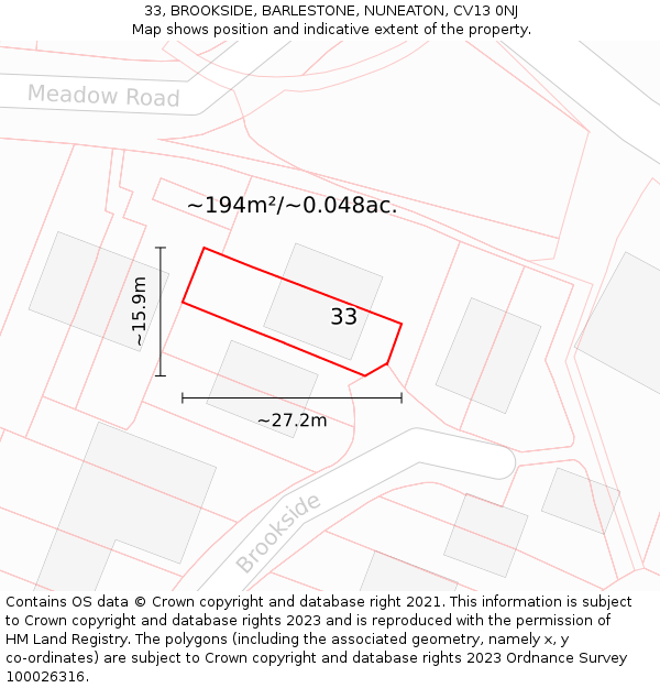 33, BROOKSIDE, BARLESTONE, NUNEATON, CV13 0NJ: Plot and title map