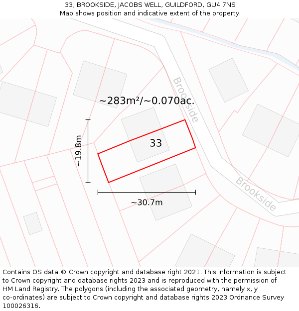 33, BROOKSIDE, JACOBS WELL, GUILDFORD, GU4 7NS: Plot and title map