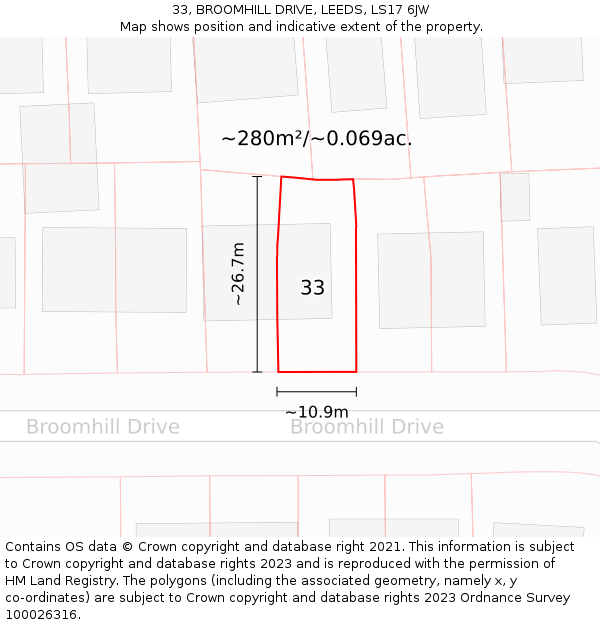 33, BROOMHILL DRIVE, LEEDS, LS17 6JW: Plot and title map