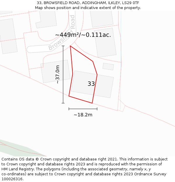 33, BROWSFIELD ROAD, ADDINGHAM, ILKLEY, LS29 0TF: Plot and title map