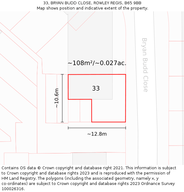 33, BRYAN BUDD CLOSE, ROWLEY REGIS, B65 9BB: Plot and title map