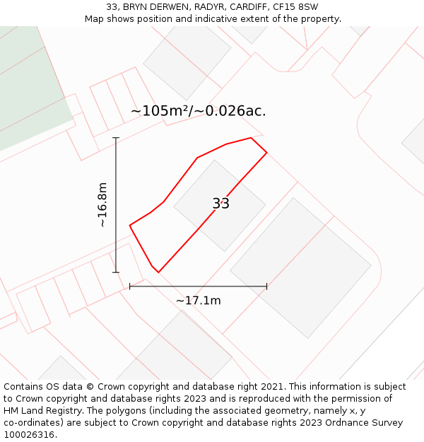 33, BRYN DERWEN, RADYR, CARDIFF, CF15 8SW: Plot and title map