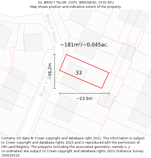 33, BRYN Y TELOR, COITY, BRIDGEND, CF35 6FU: Plot and title map