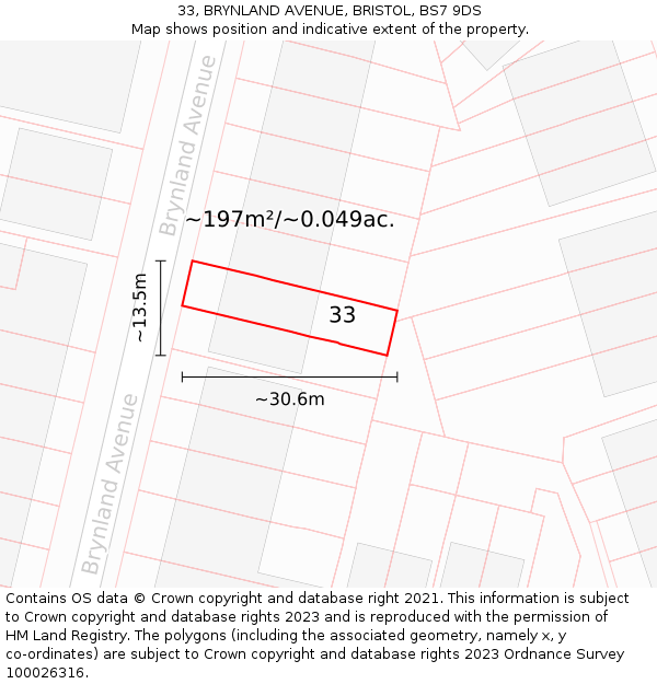 33, BRYNLAND AVENUE, BRISTOL, BS7 9DS: Plot and title map