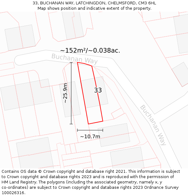 33, BUCHANAN WAY, LATCHINGDON, CHELMSFORD, CM3 6HL: Plot and title map