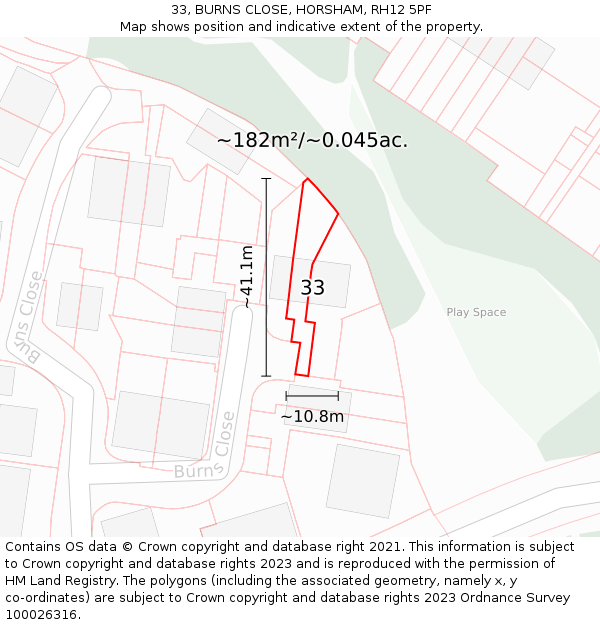 33, BURNS CLOSE, HORSHAM, RH12 5PF: Plot and title map
