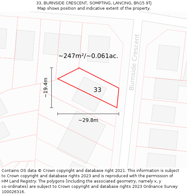 33, BURNSIDE CRESCENT, SOMPTING, LANCING, BN15 9TJ: Plot and title map
