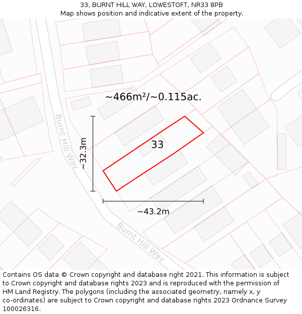 33, BURNT HILL WAY, LOWESTOFT, NR33 8PB: Plot and title map