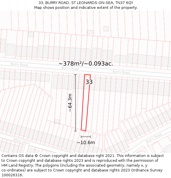 33, BURRY ROAD, ST LEONARDS-ON-SEA, TN37 6QY: Plot and title map